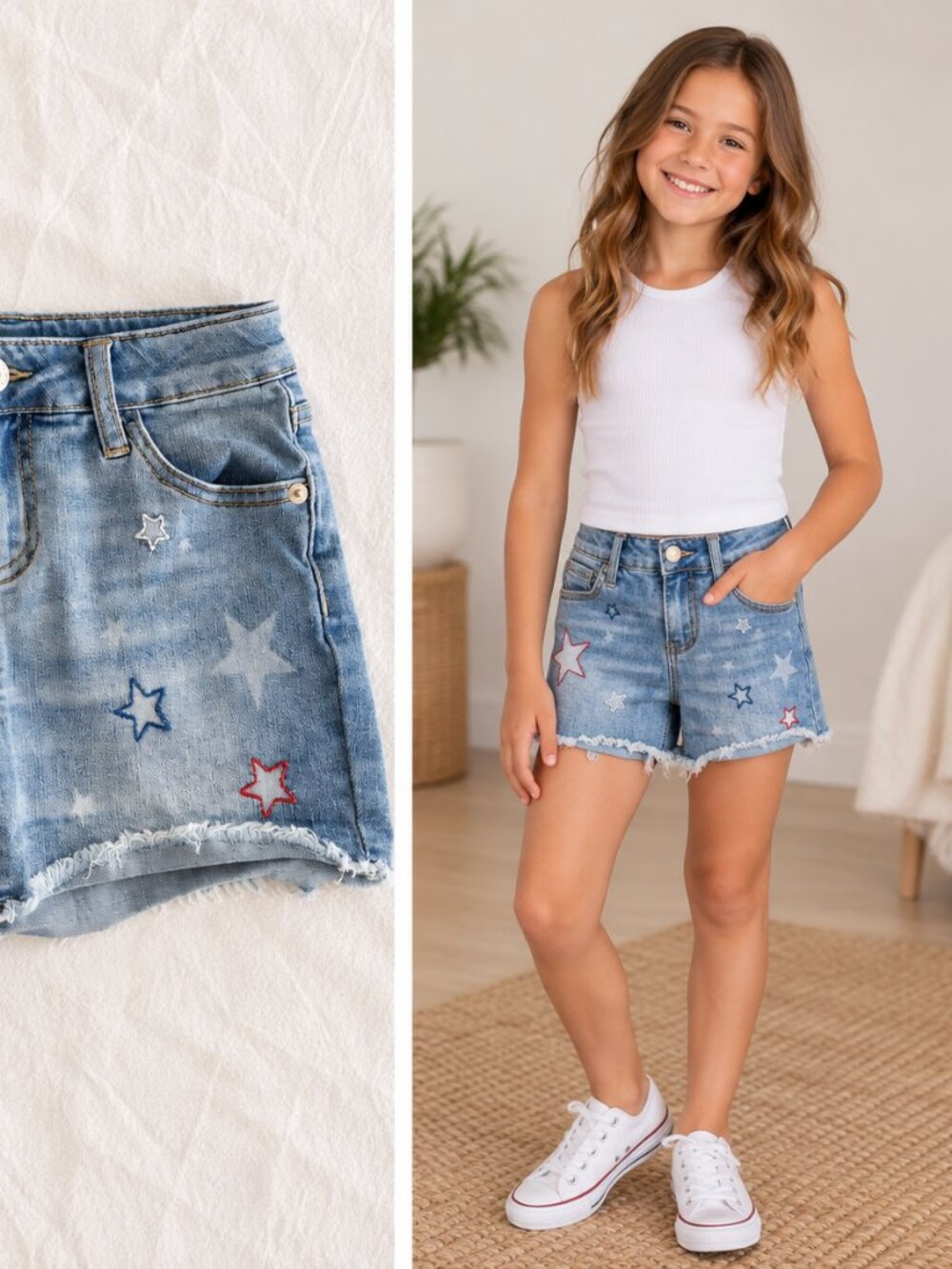 Cat & Jack Girls Star Denim Shorts Size 8 Distressed Raw Hem